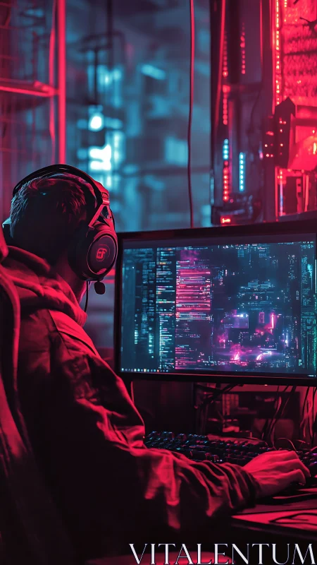Person at dual monitors in neon-lit workstation environment.