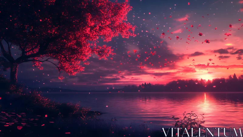 Digital painting of crimson lakeside tree at sunset glow.