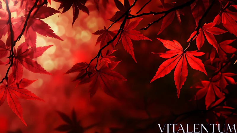 Red maple leaves glowing against soft golden bokeh background.
