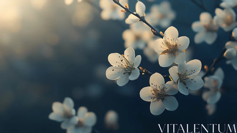 Delicate white blossoms glow in morning light. Spring awakens on thin branches.