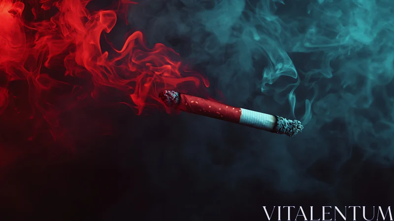 Burning cigarette splits toxic red and blue smoke field.