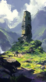 Tall stone monolith rising over lush green valley.
