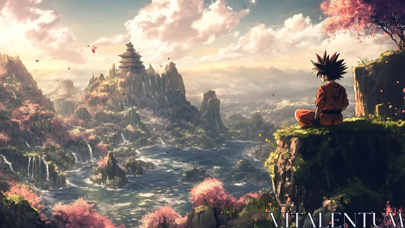 Solitary warrior overlooking cherry-lit mountain kingdom.