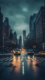 Moody city avenue with taxis on rain soaked asphalt at dusk.