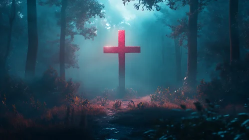 Luminous red cross rises in misty blue forest clearing