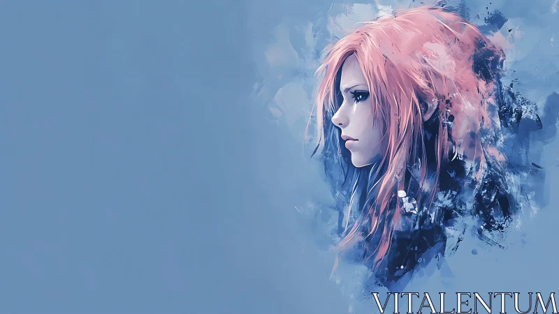 Softly glowing pink-haired girl in a dreamy blue haze.
