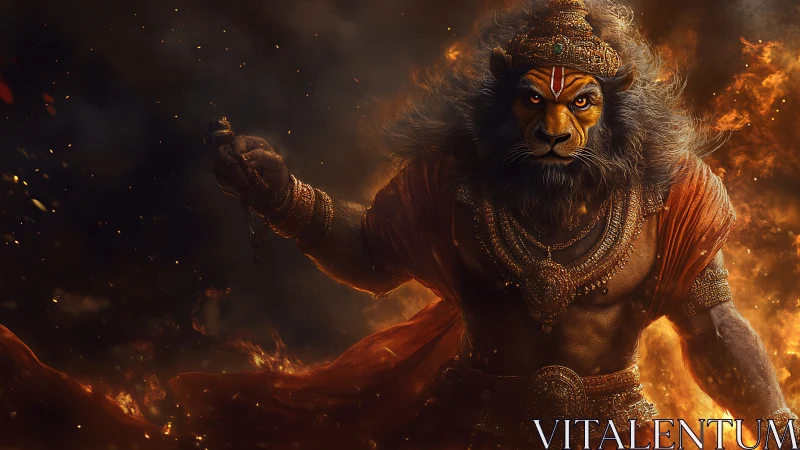 Lion-headed warrior deity amid swirling firestorm.