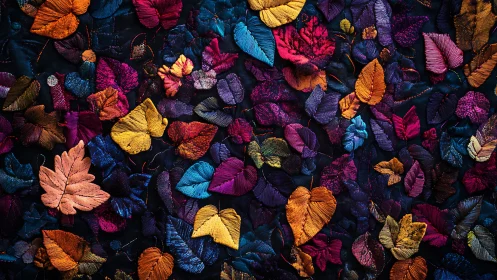 Embroidered multicolor leaves form a dense, ordered surface