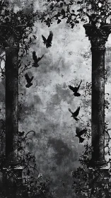Monochrome ruin columns frame silhouetted crows in decayed airspace