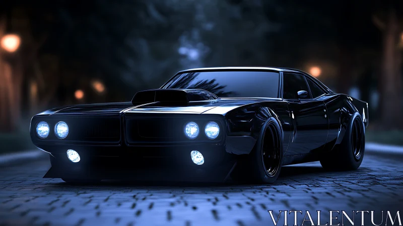 3D nocturnal muscle car render with cinematic low-key lighting.