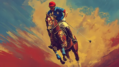 Dynamic digital painting of polo player riding forward fast