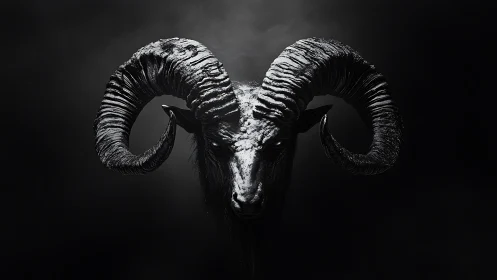 Dark horned ram head in dramatic high contrast lighting.