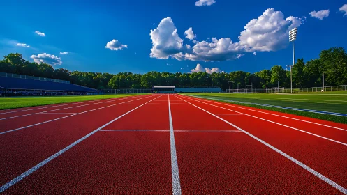 Crimson raceway stretches under storybook summer clouds.