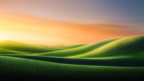 Luminous sunrise over stylized emerald hills and grassland.