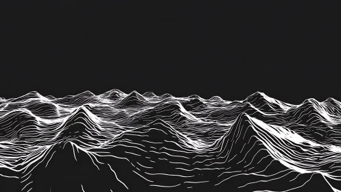 Monochrome wireframe mountains flow across dark horizon.