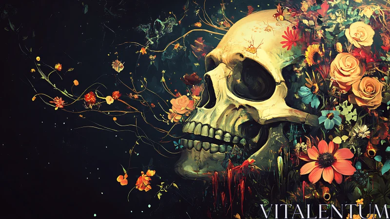 Human skull lies amid dense, chromatic floral growth