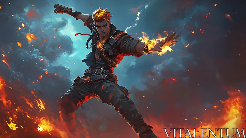 Fire-wielding warrior in mid-air pose amid dynamic explosive clouds