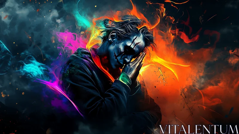 Hooded figure with painted face amid contrasting flames.