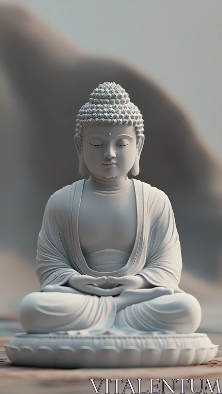 Monochrome seated Buddha statue rendered in soft focus.