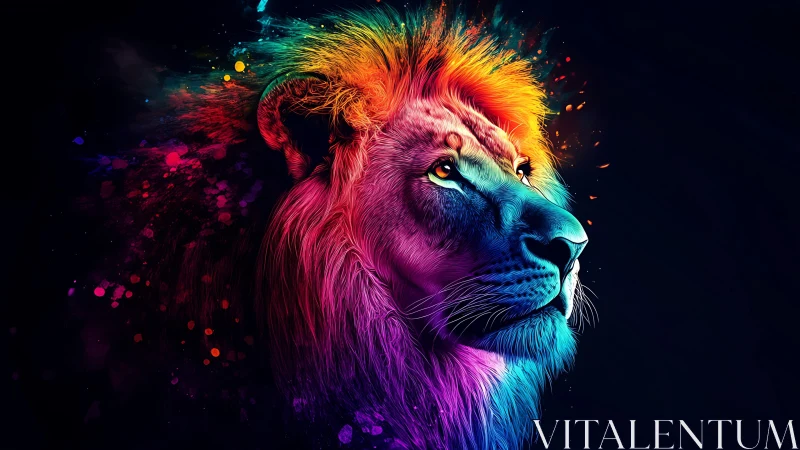 Multicolored digital lion portrait on dark background.