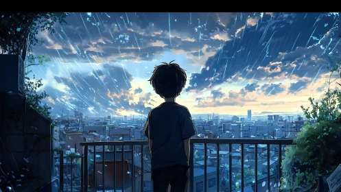 Solitary figure observing urban skyline during rainfall.