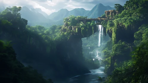 Ancient stone bridge spans misty jungle canyon with waterfalls
