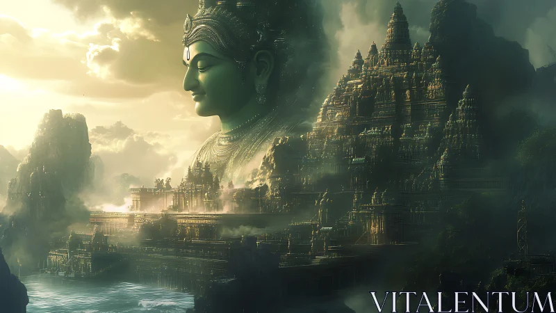 Colossal serene deity watches over misty golden temple city