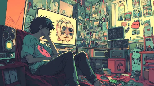 Melancholic teen in cluttered retro-tech bedroom, neon glow