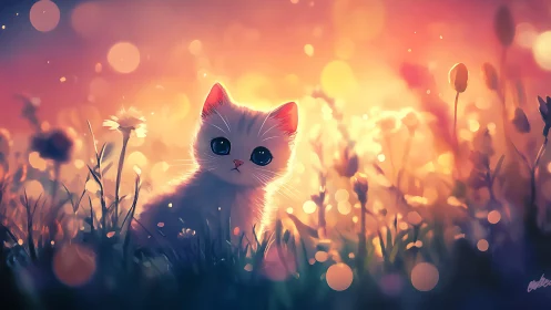 White Kitten in Golden Field with Bokeh Lights