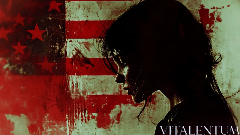 Silhouetted female profile against distressed red US flag.