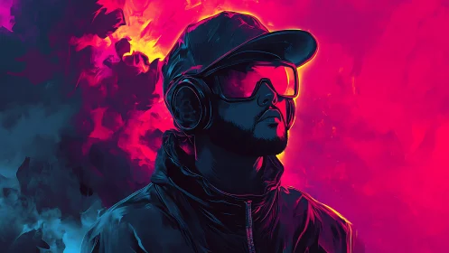 Neon dreamer in glowing headphones and citylight haze.