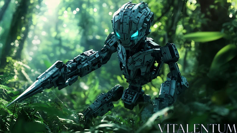 Humanoid robot with blade limb in dense green rainforest.