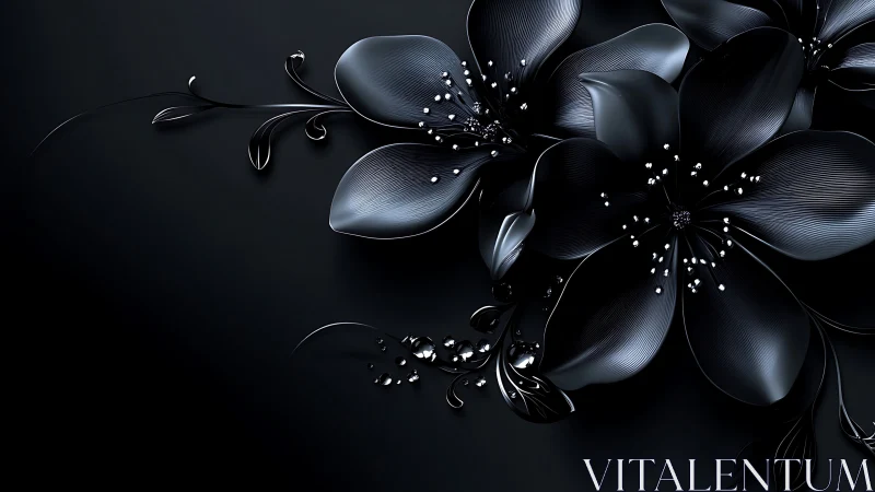 Stylized Black Floral Composition with Luminescent Stamen Details