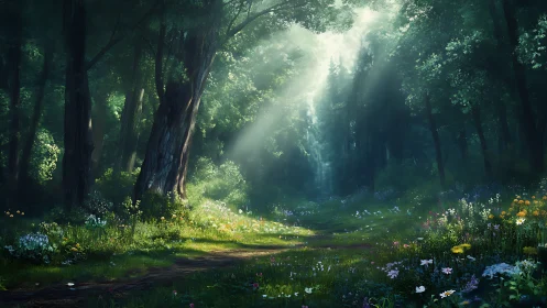 Enchanted Forest Glade with Luminous Light Rays and Wildflower Meadow