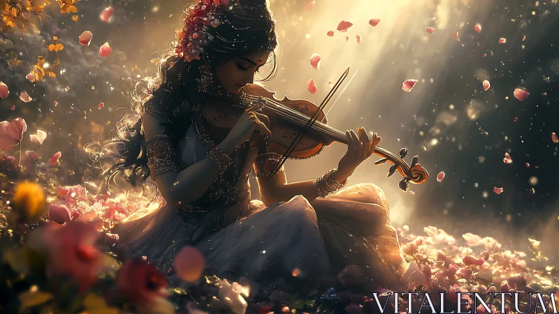 Young woman playing violin amid glowing falling petals.