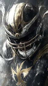 Digital painting of armored football warrior in metallic chiaroscuro.