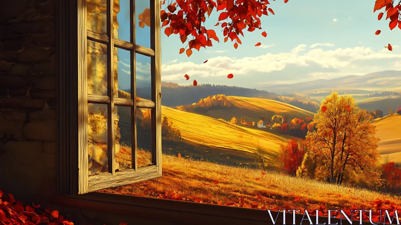 Open window overlooks sunlit autumn fields and hillsides