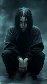 Storm-eyed goth girl brooding in teal-tinted midnight fog.