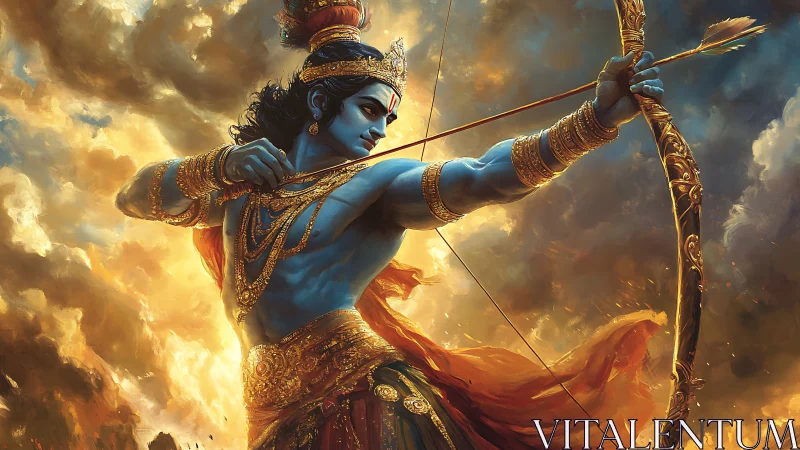 Radiant blue archer poised in golden swirling skies.