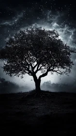 Silhouetted night tree stands against luminous stellar haze