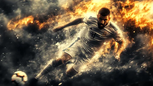 Dynamic football striker in fiery particle explosion effect