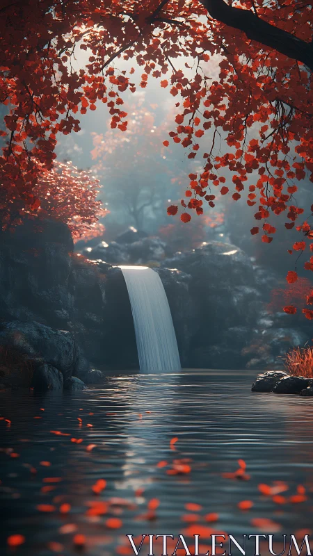 Crimson forest waterfall pours into reflective woodland pool