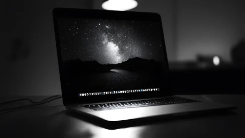 Open laptop displays starfield wallpaper under moody backlight