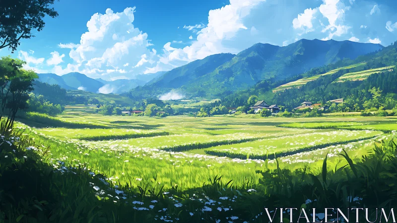 Mountain valley rice fields under bright summer sky.