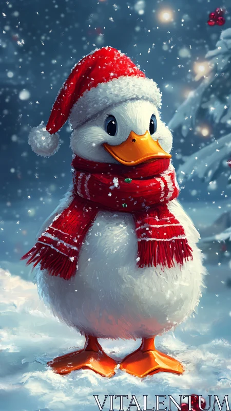 Smiling duck in red Santa hat enjoys gentle winter snowfall