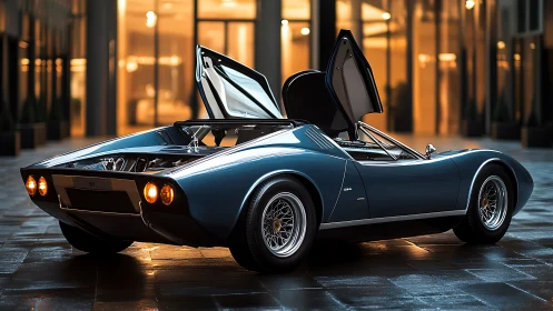 Midnight-blue classic supercar poised for golden-hour escape.