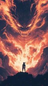 Silhouetted warrior confronts colossal fiery demon cloud