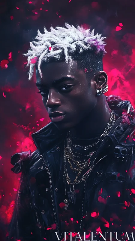 Neon petal storm around a frost-crowned street monarch.