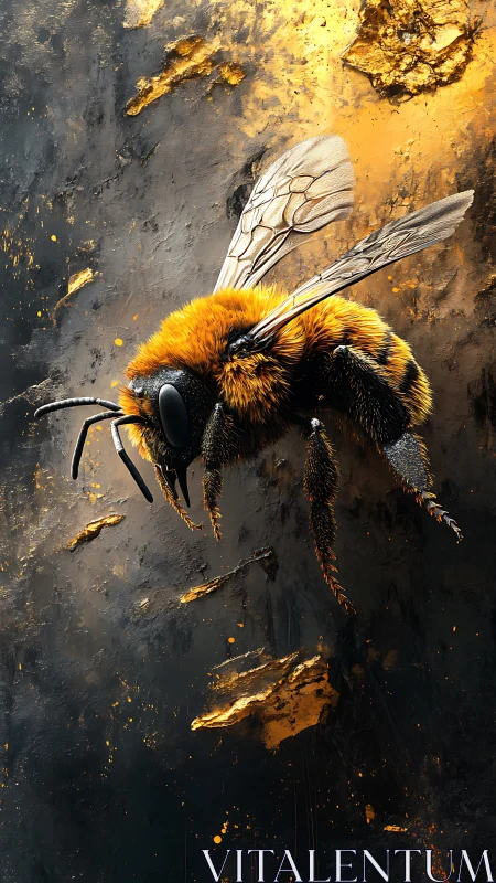 Iridescent bee in molten gold shards against charcoal void.