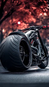 Low-angle view isolates custom wide-tire motorcycle under bokeh